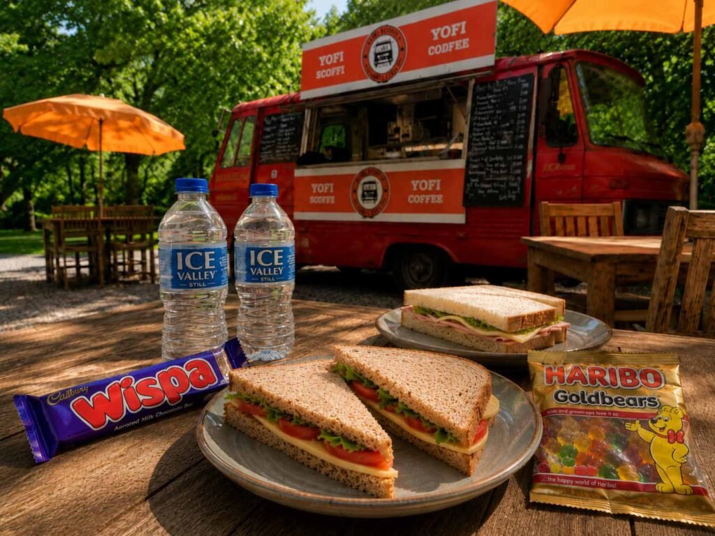 Sandwiches, Haribo and a Wispa bar on the table at YOFI Paddle Cafe